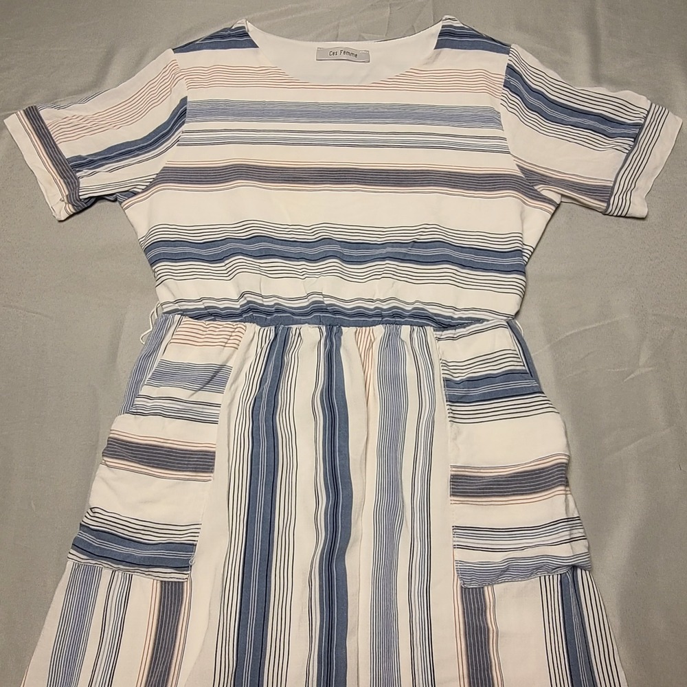 Ces Femme Striped Midi Dress Womens Small Blue White Elastic Waist Pockets USA